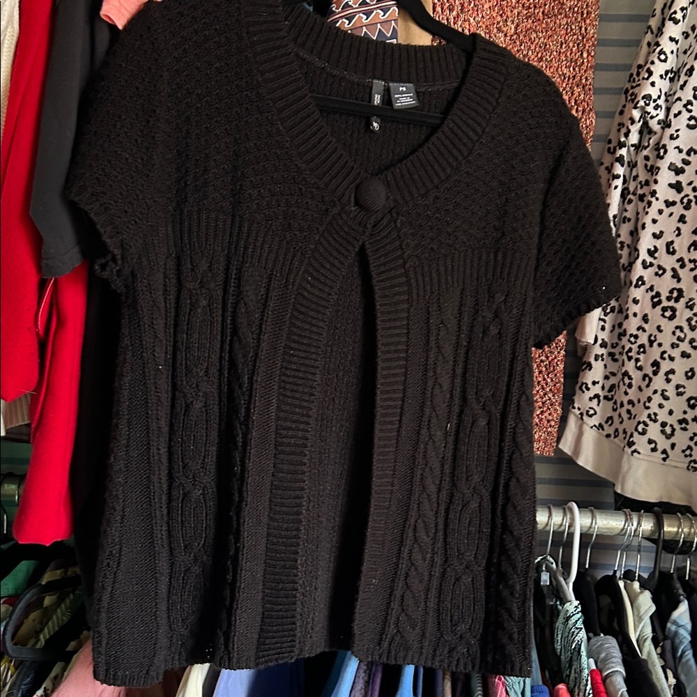 new directions Black Short-Sleeve Cable-Front Cardigan